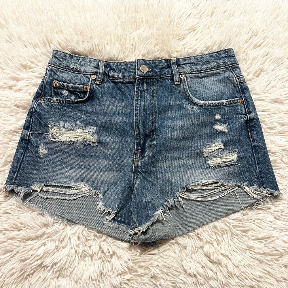 Zara The High Waist Short Blue Cut-off Distressed Jean Shorts Size 8